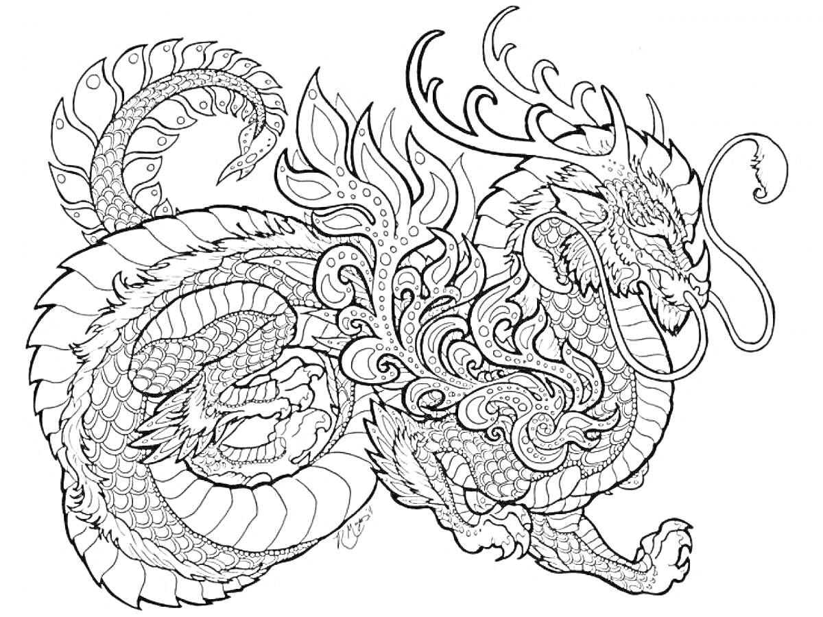 Раскраска Восточный дракон с рогами и узорами
