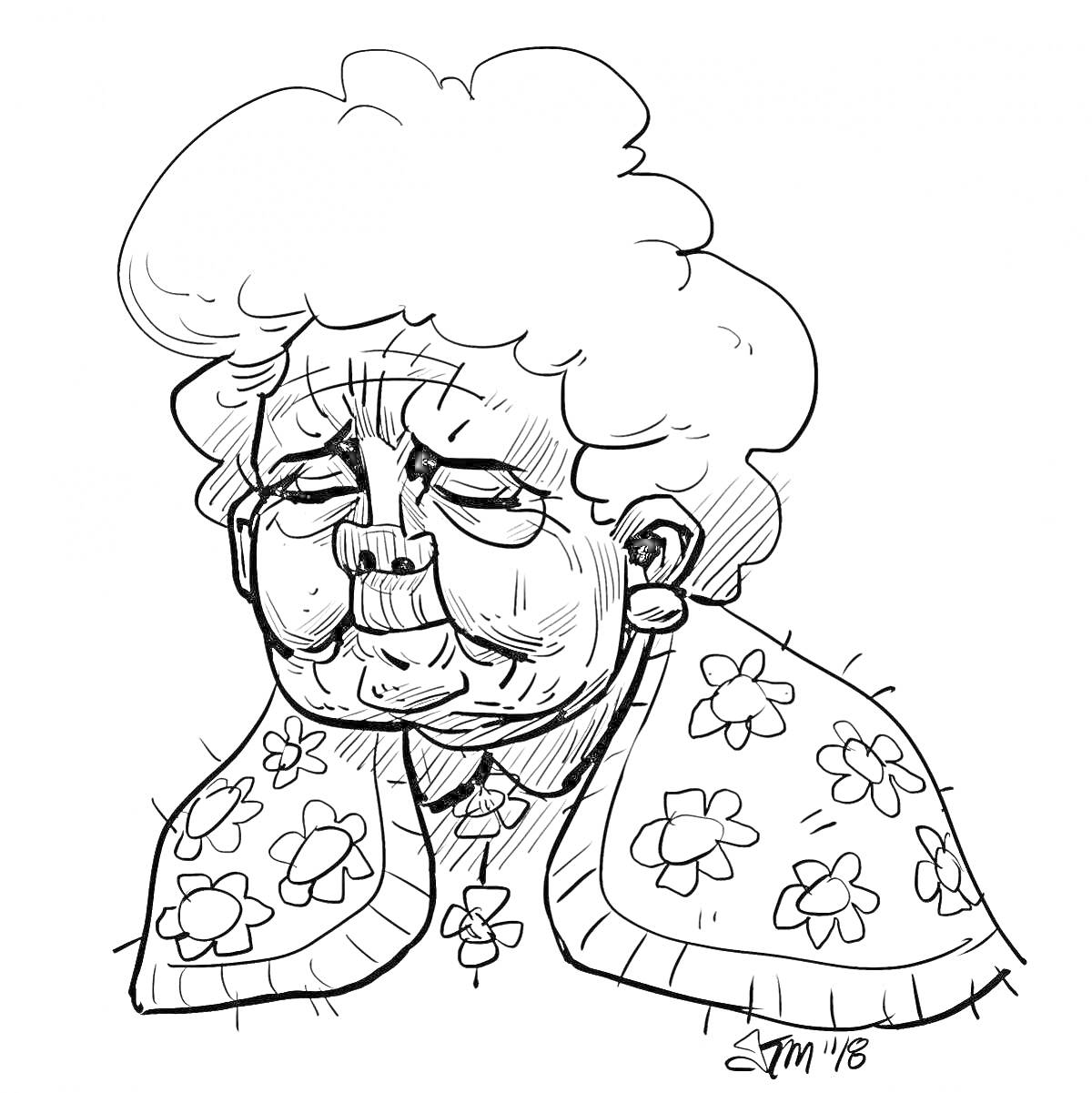 Раскраска Бабушка с большим носом в цветастом платке