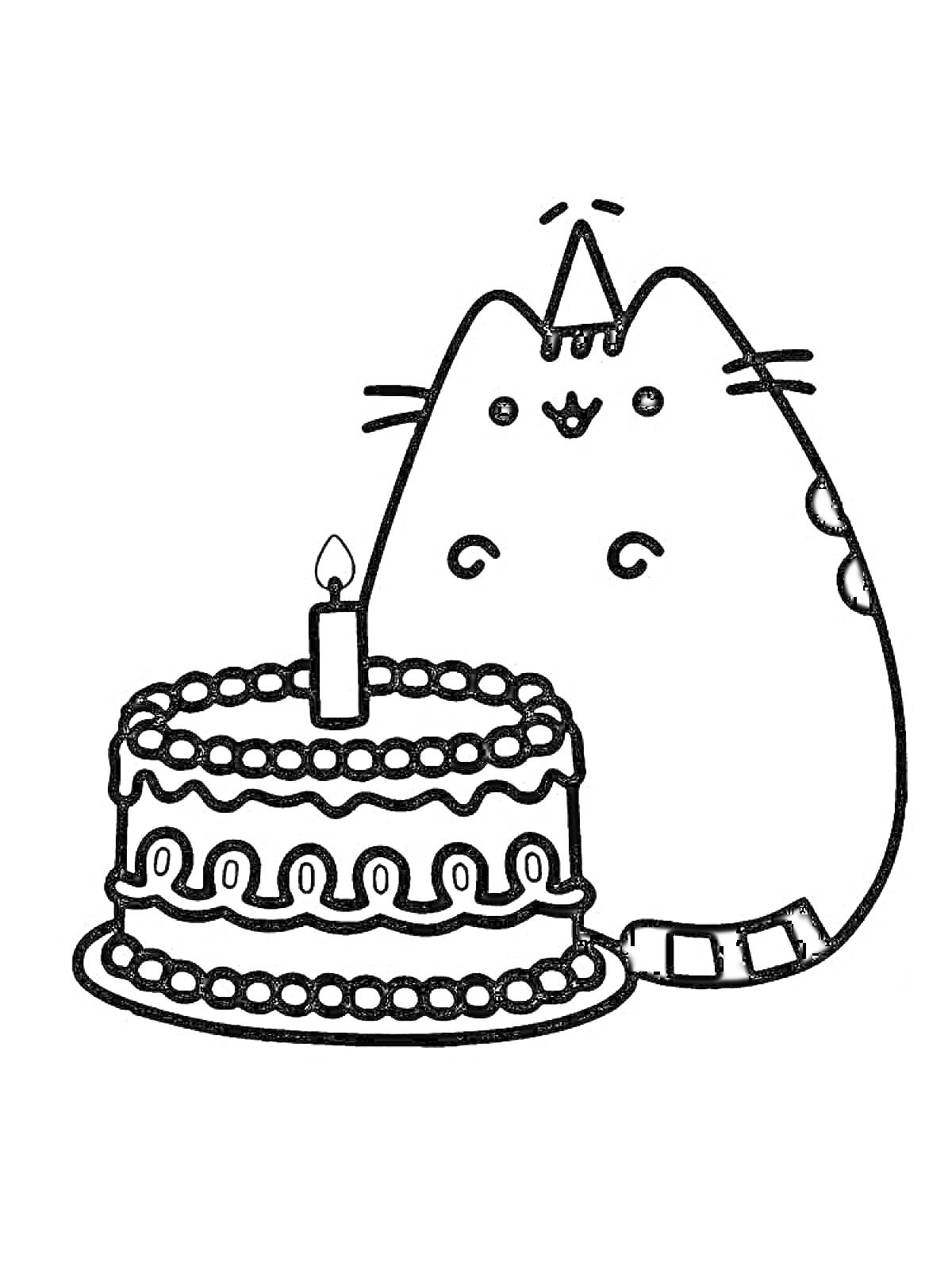 Раскраска Кот Пушин с тортом, свеча и конусная шляпа