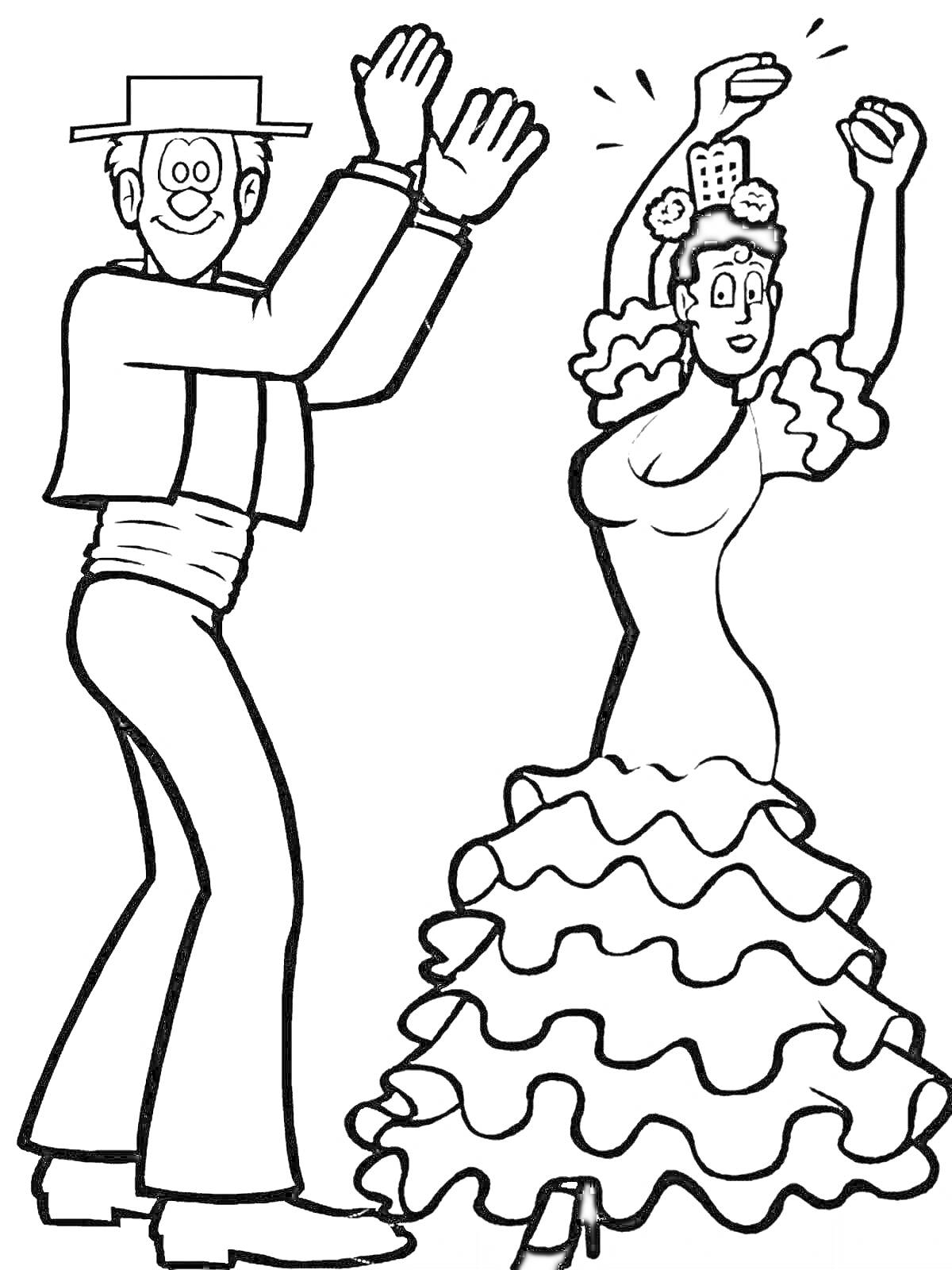 Раскраска Испанские танцоры фламенко: мужчина и женщина, танцующие фламенко, мужчина в шляпе и традиционной одежде, женщина в платье с воланами и с украшением на голове