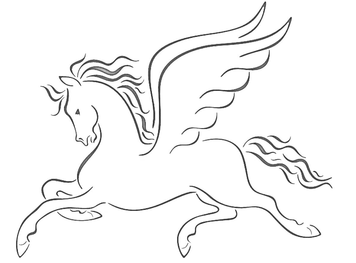 На раскраске изображено: Пегас, Крылья, Лошадь, Развевающаяся грива, Полет, Скачки