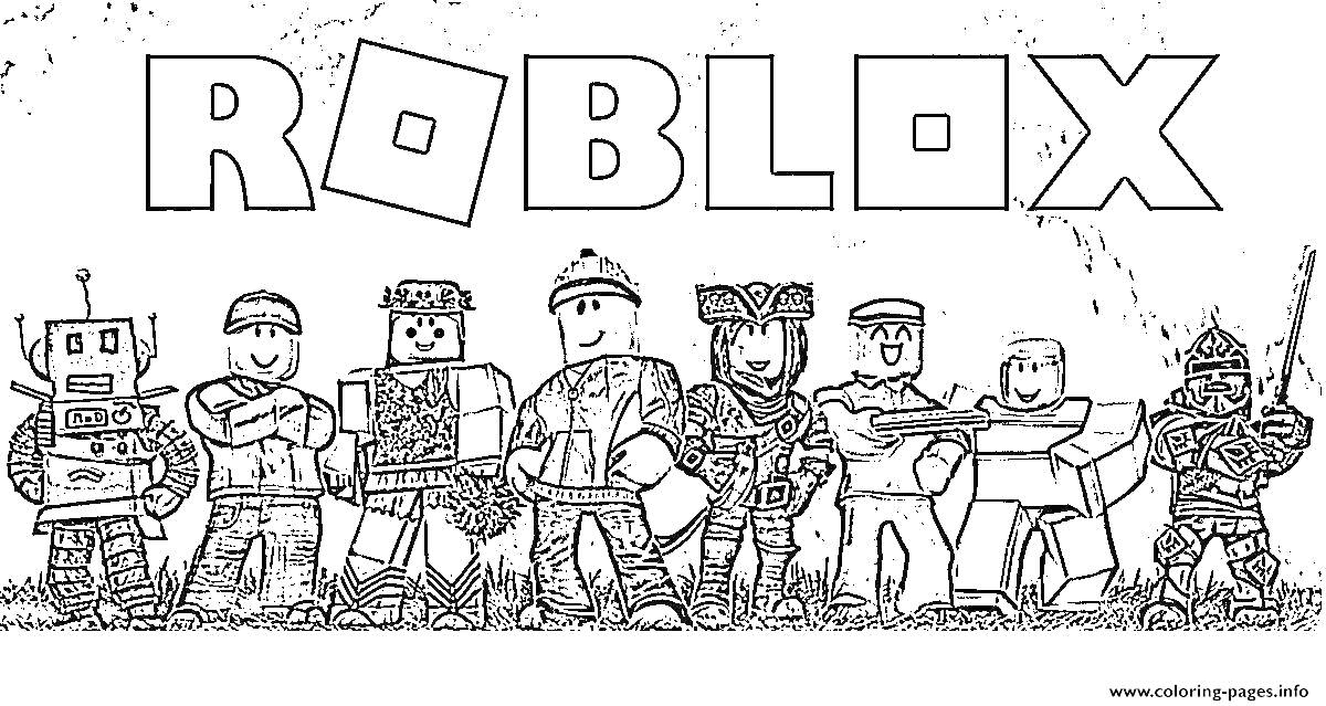 Раскраска Персонажи игры Roblox на переднем плане, название Roblox сверху крупными буквами, фон монохромный