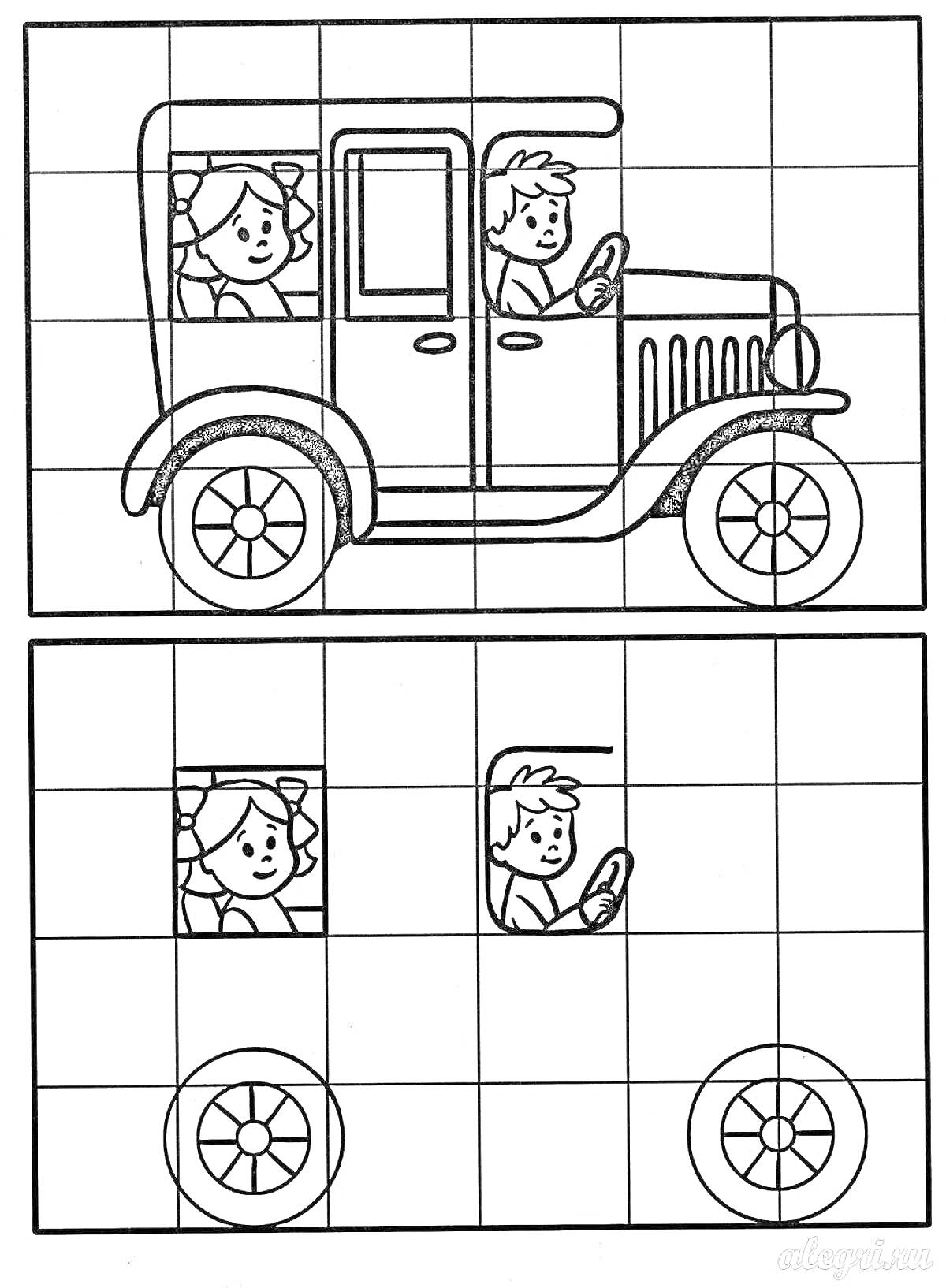 Раскраска Ретро автомобиль с водителем и пассажиром, клетка для срисовки