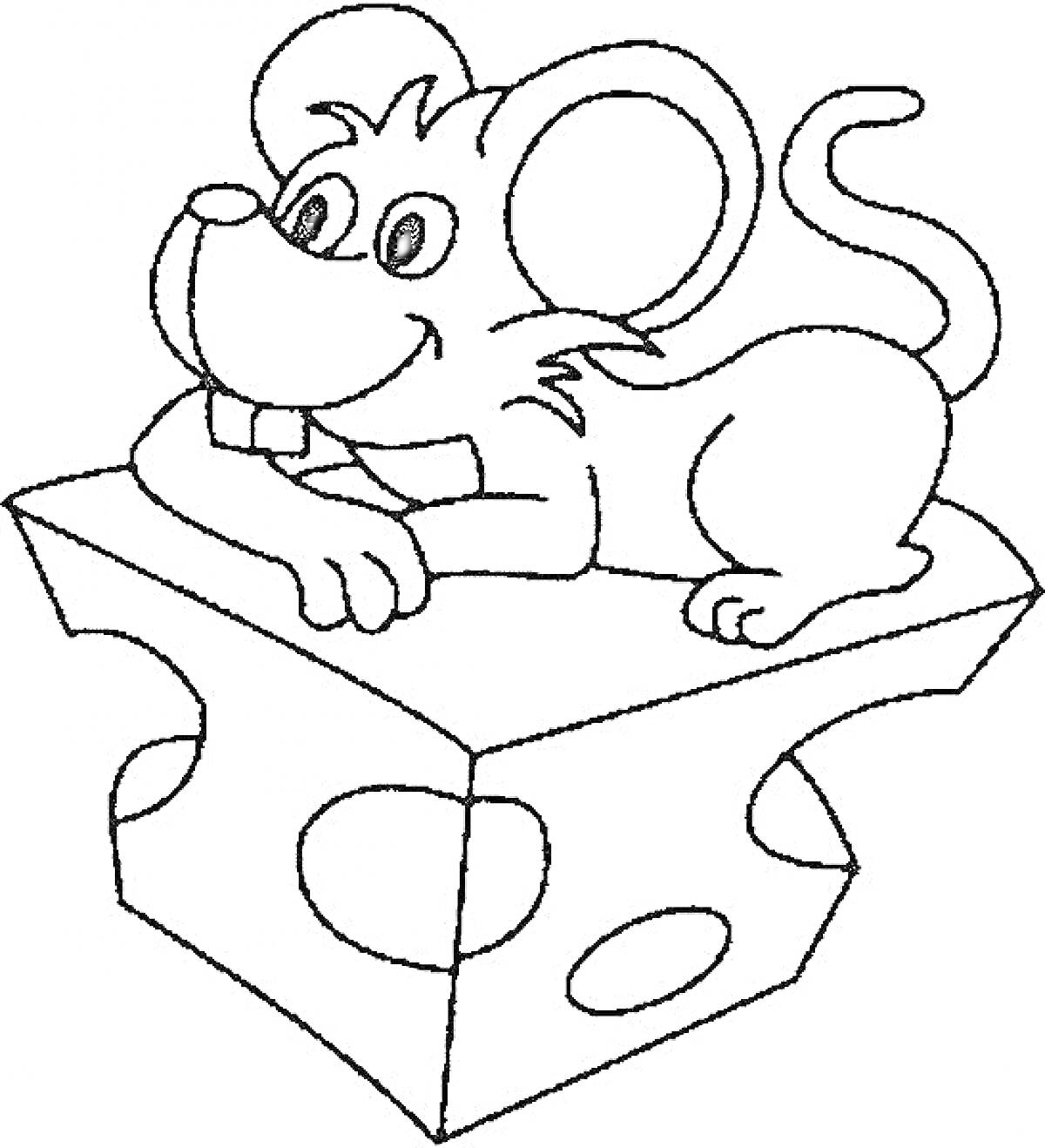 Раскраска Мышонок лежит на куске сыра