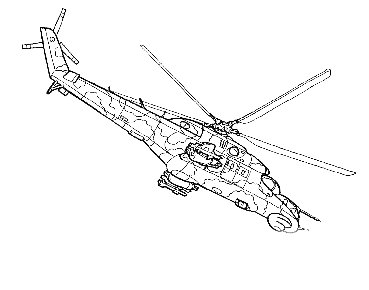 На раскраске изображено: Ми-24, Вертолет, Авиация, Полет, Техника, Контурные рисунки