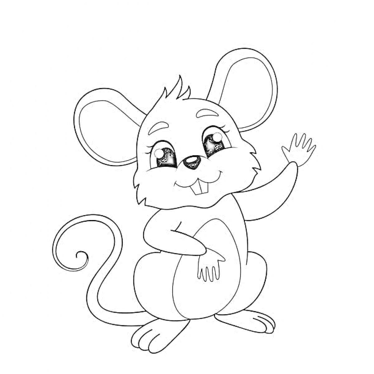 На раскраске изображено: Мультяшная мышка, Уши, Хвост, Приветствие