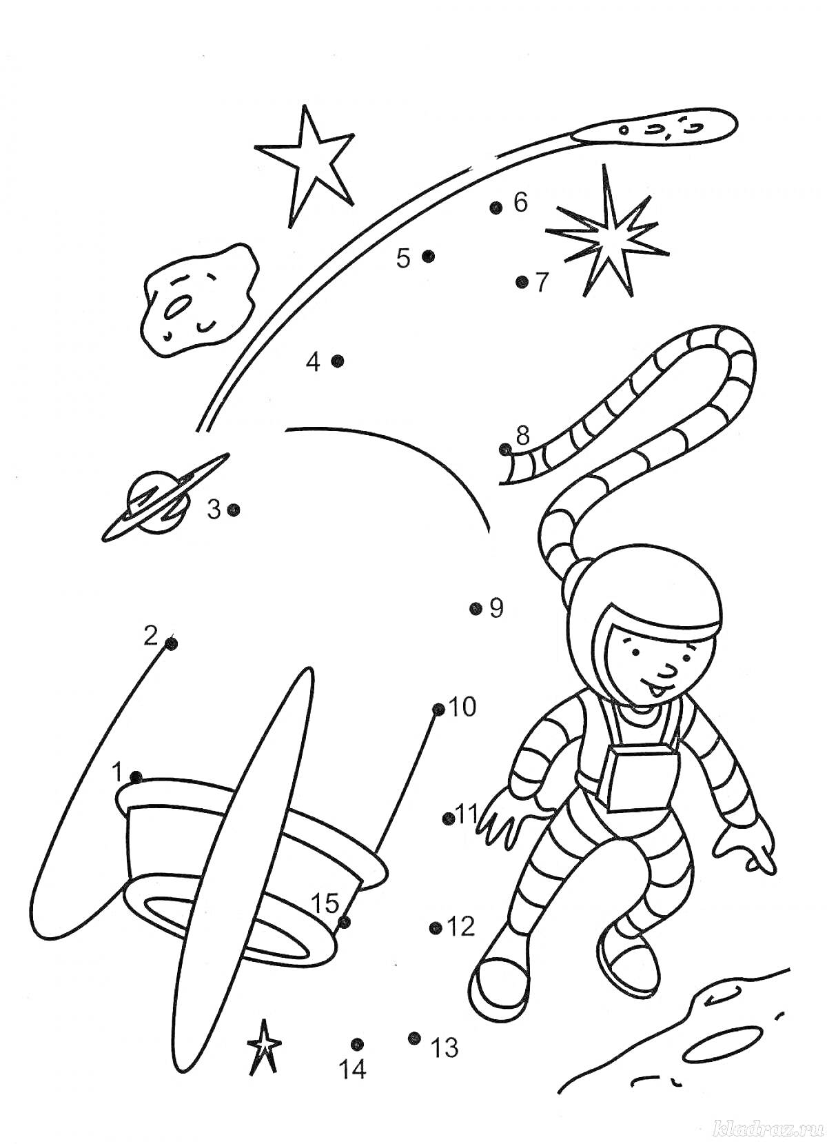 Раскраска Космонавт, космический корабль, звезды, комета, планета, космос
