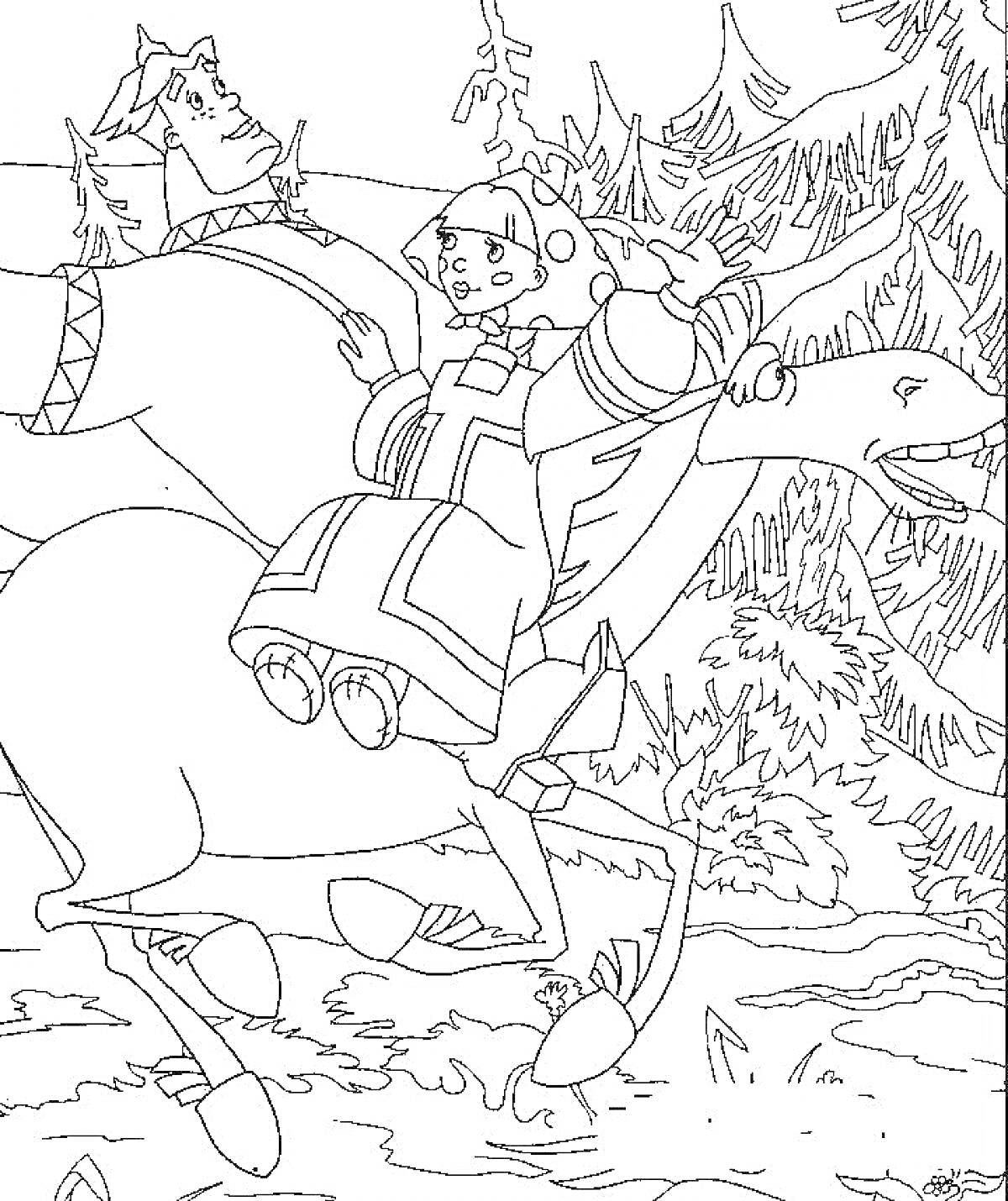На раскраске изображено: Алёша Попович, Тугарин Змей, Лес, Конь, Битва, Русский богатырь