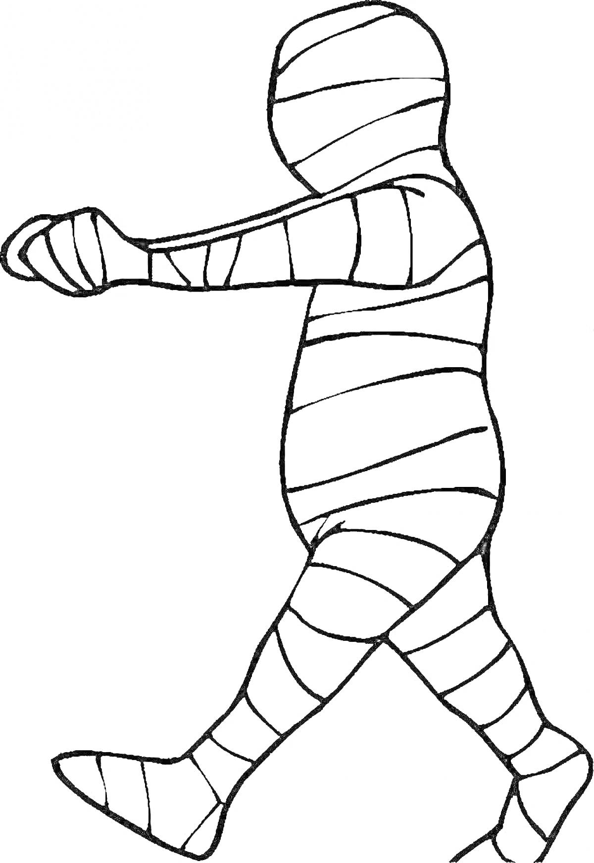 На раскраске изображено: Мумия, Бинты, Человек, Вытянутые руки, Ходьба