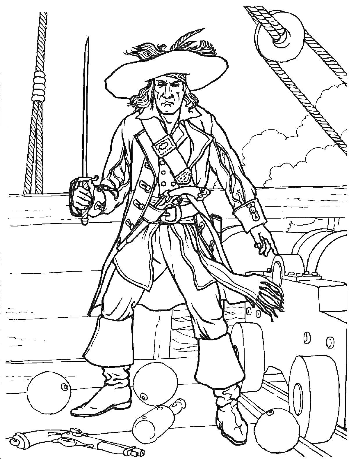 Раскраска Пират с мечом на палубе корабля, пушки и ядра