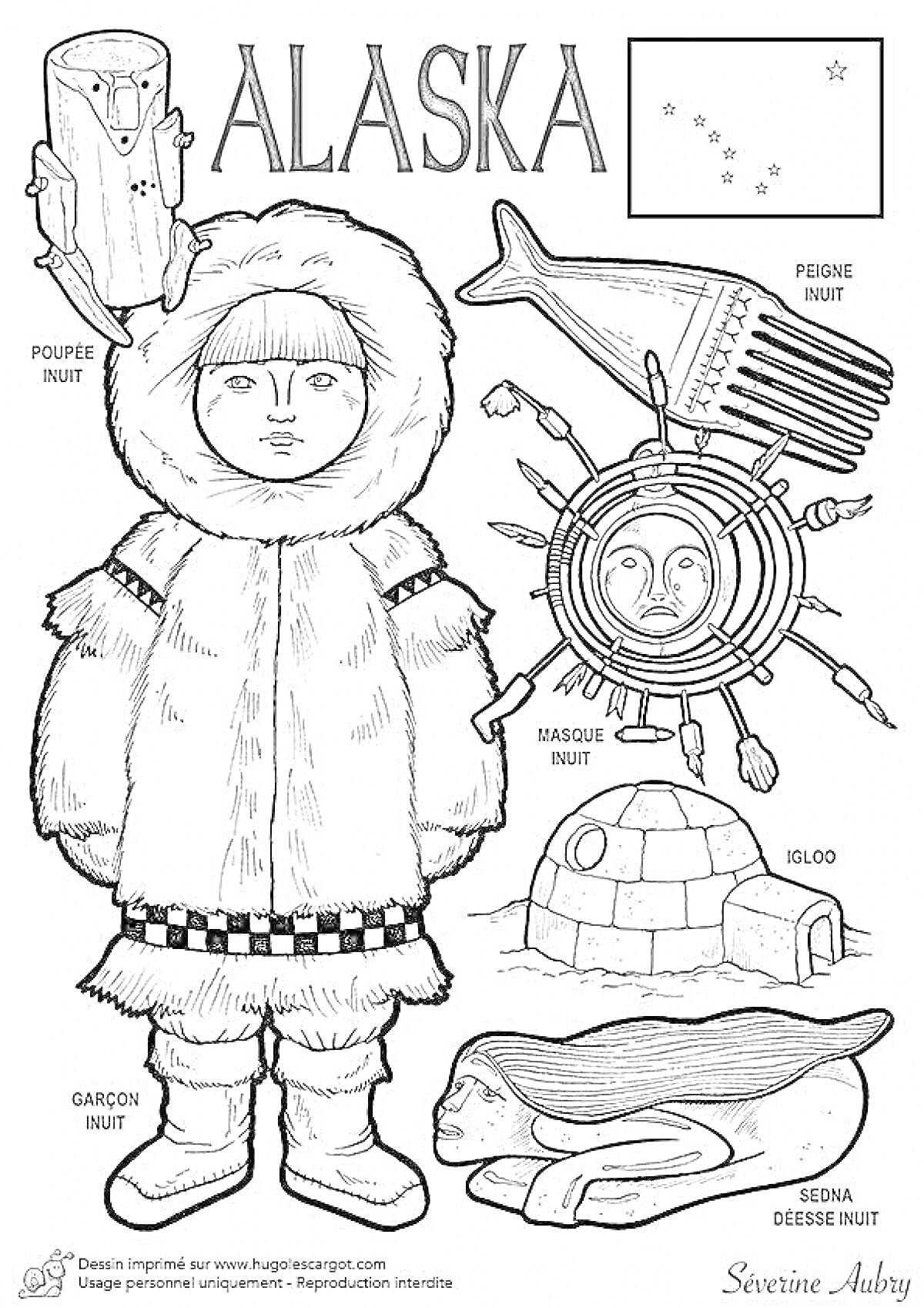 Раскраска Чукча на Аляске с традиционными предметами и изображениями (маска, игрушка, одежда, иглу)