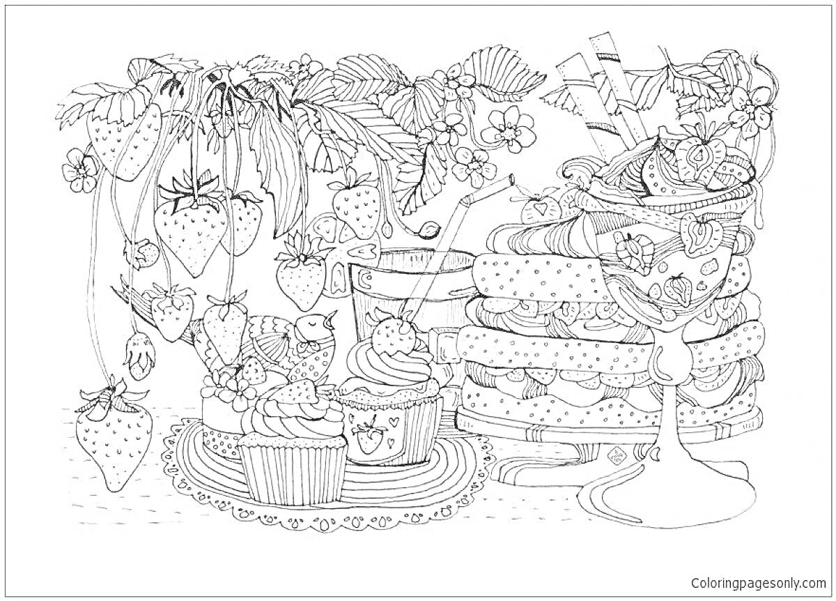 На раскраске изображено: Антистресс, Сладости, Клубника, Торт, Мороженое, Десерты, Ягоды, Кондитерские изделия