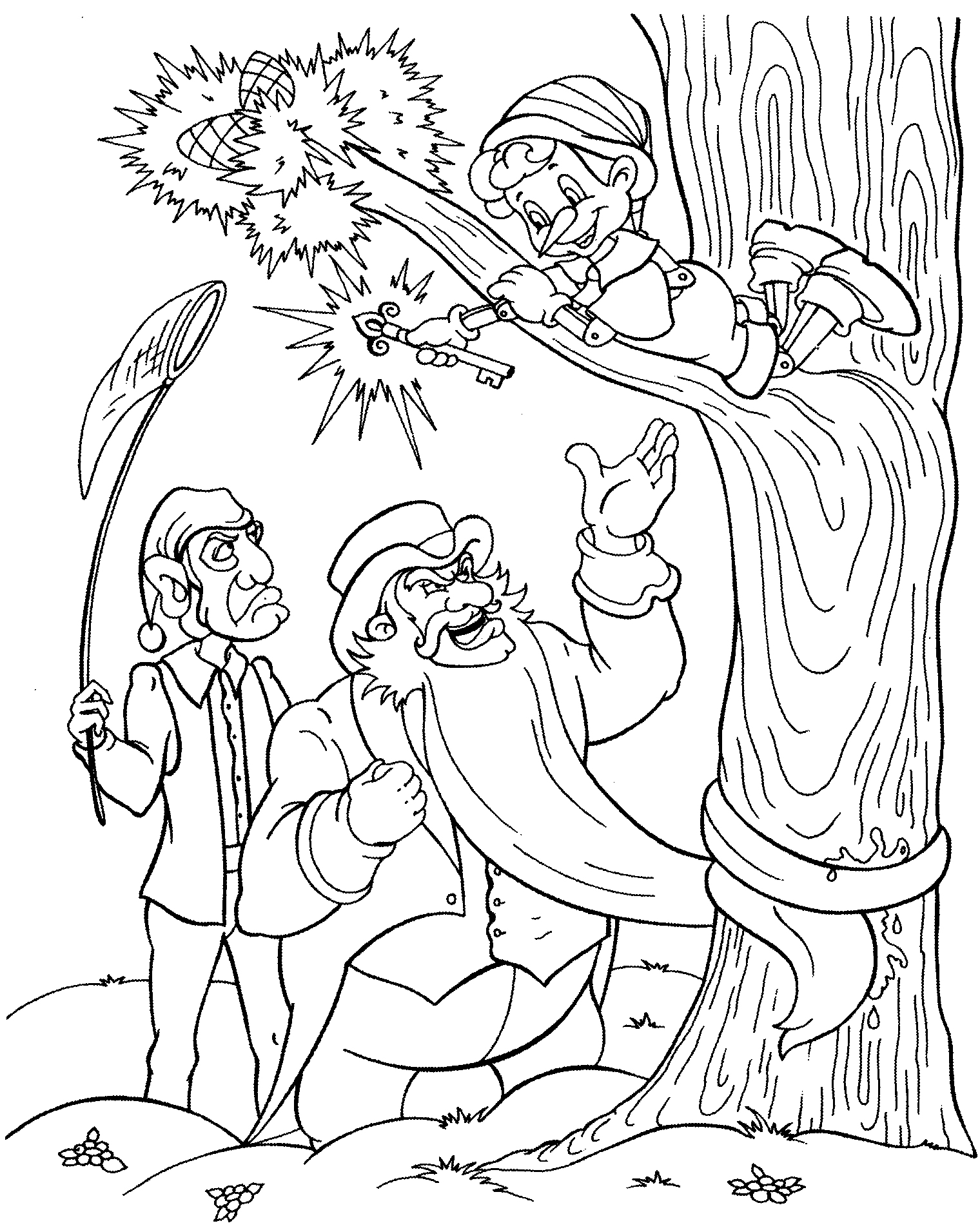 Раскраска Буратино на дереве с ключом, два человека внизу, один держит сачок