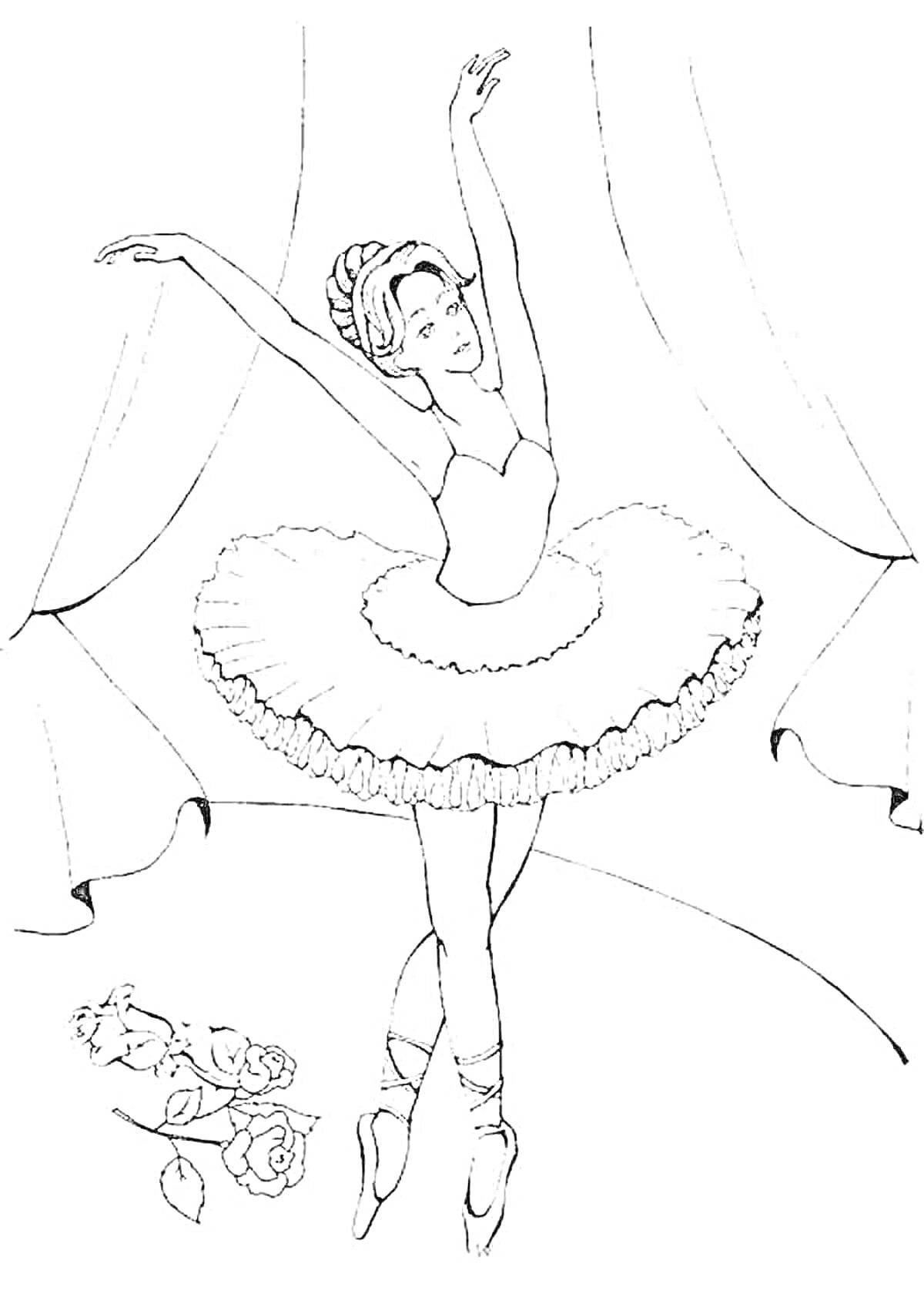 На раскраске изображено: Балерина, Занавес, Розы, Балет, Пачка, Пуанты, Танец, Искусство
