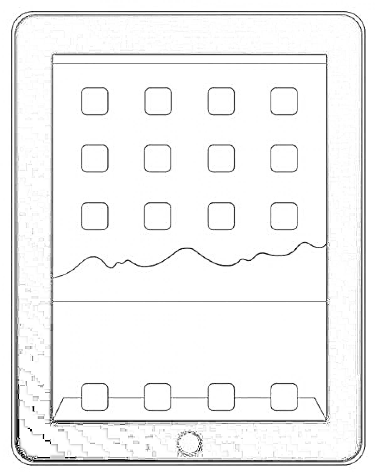 Раскраска Айпад с иконками приложений, волнистой линией и нижним рядом иконок