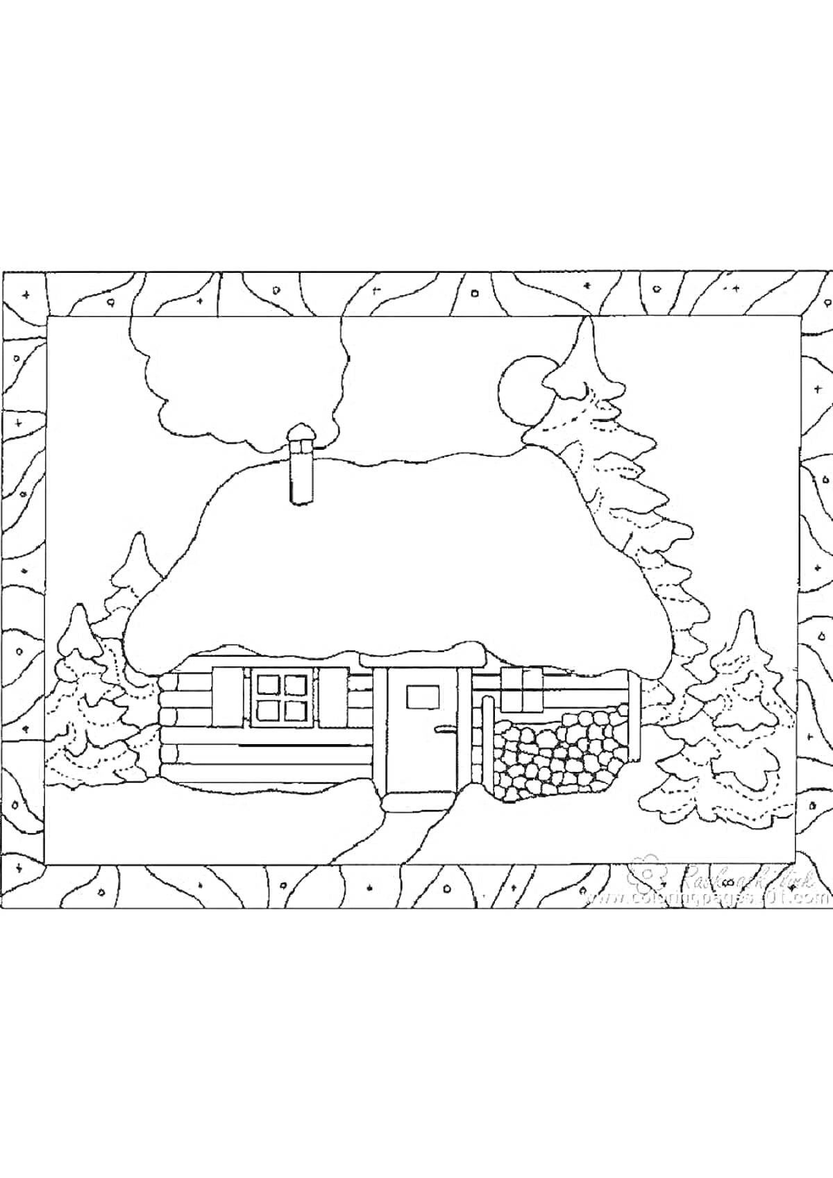 РаскраскаДом зимой посреди леса с ёлками, забором и трубой, из которой идет дым