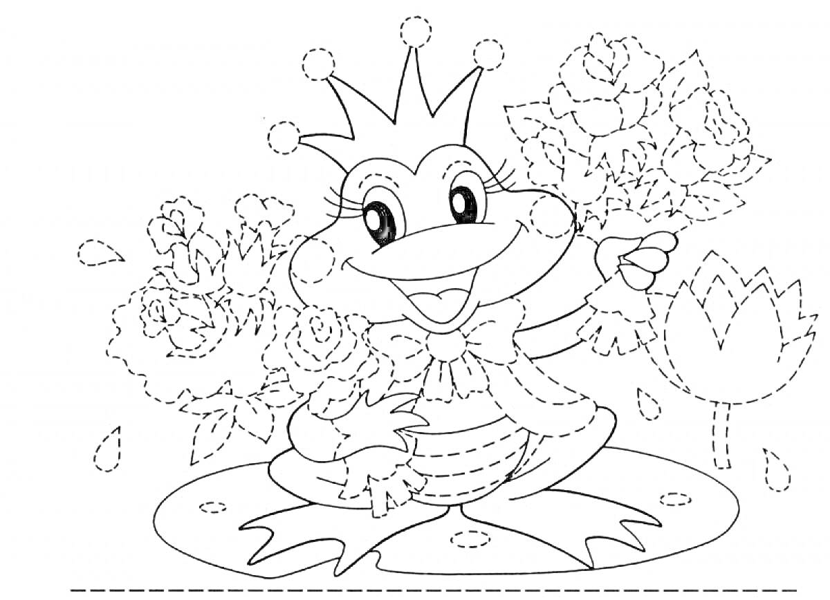 Раскраска Царевна Лягушка с короной, букетом цветов и большими глазами на лили pad, окружённая розами и цветком лотоса