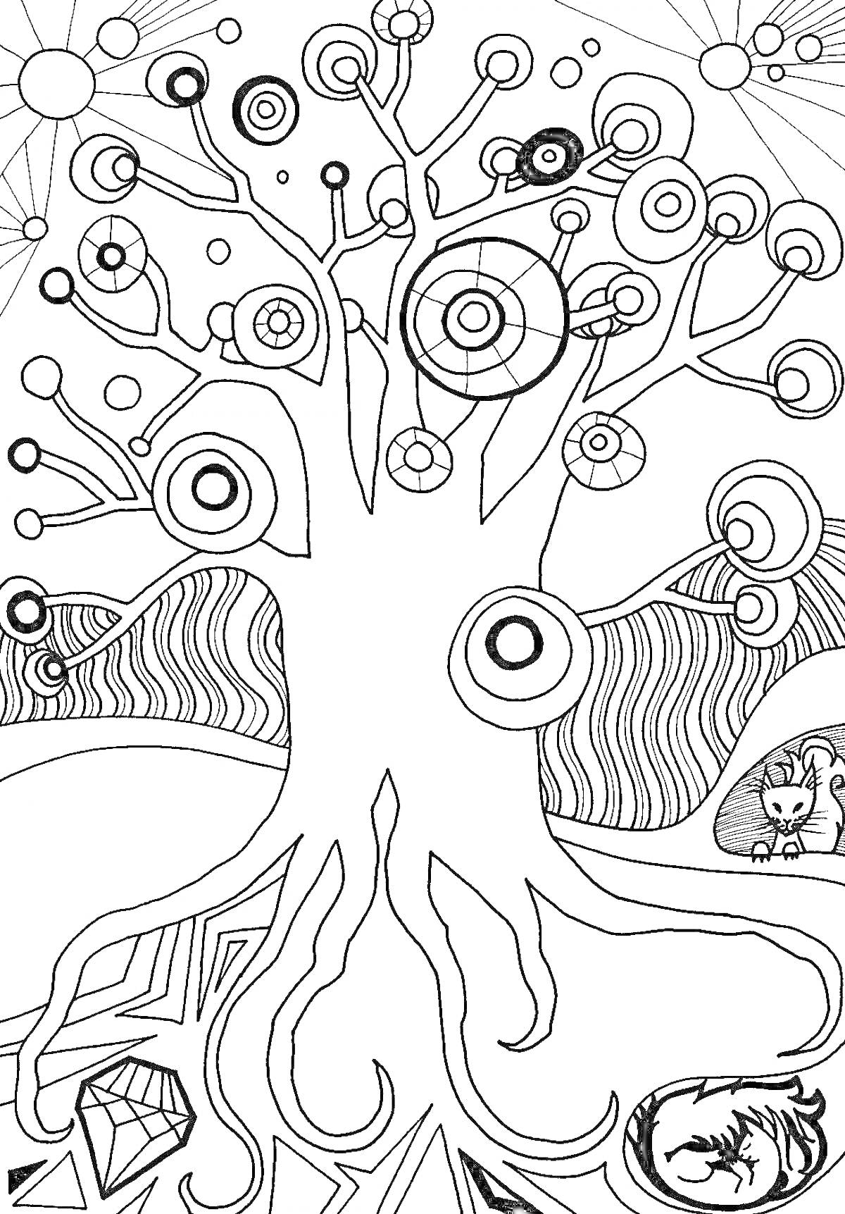 Раскраска Дерево с кругами, кошкой, драконом и кристаллом