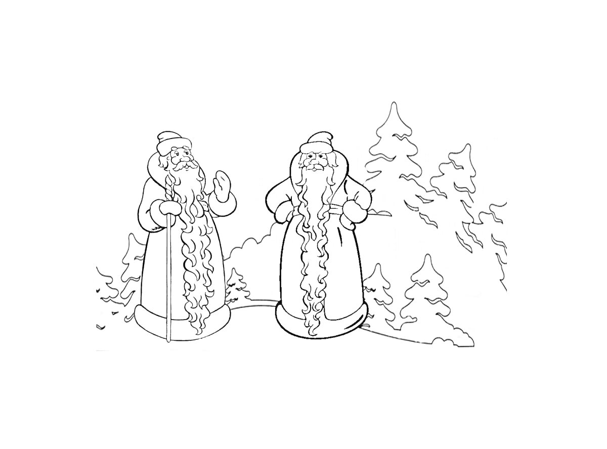 На раскраске изображено: Зимний лес, Дед Мороз, Еловые деревья, Зима, Снег, Два персонажа, Сугробы