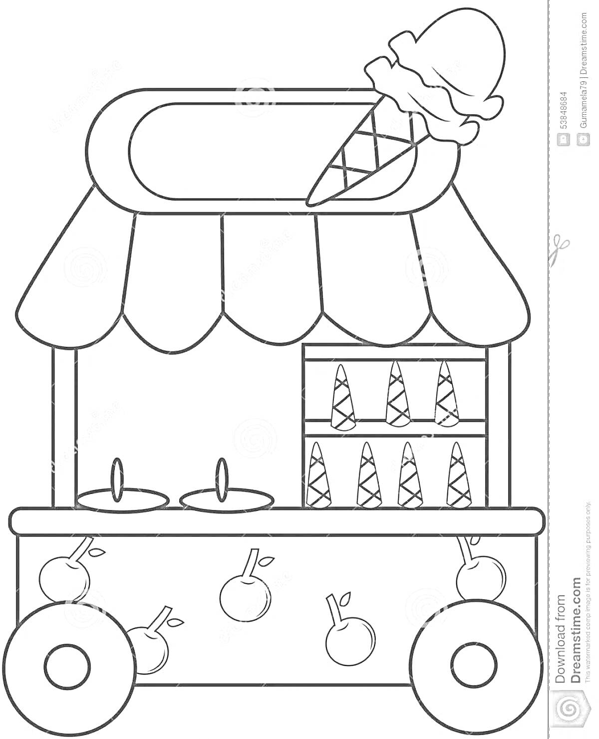 На раскраске изображено: Мороженое, Витрина, Полки, Крышки, Колёса