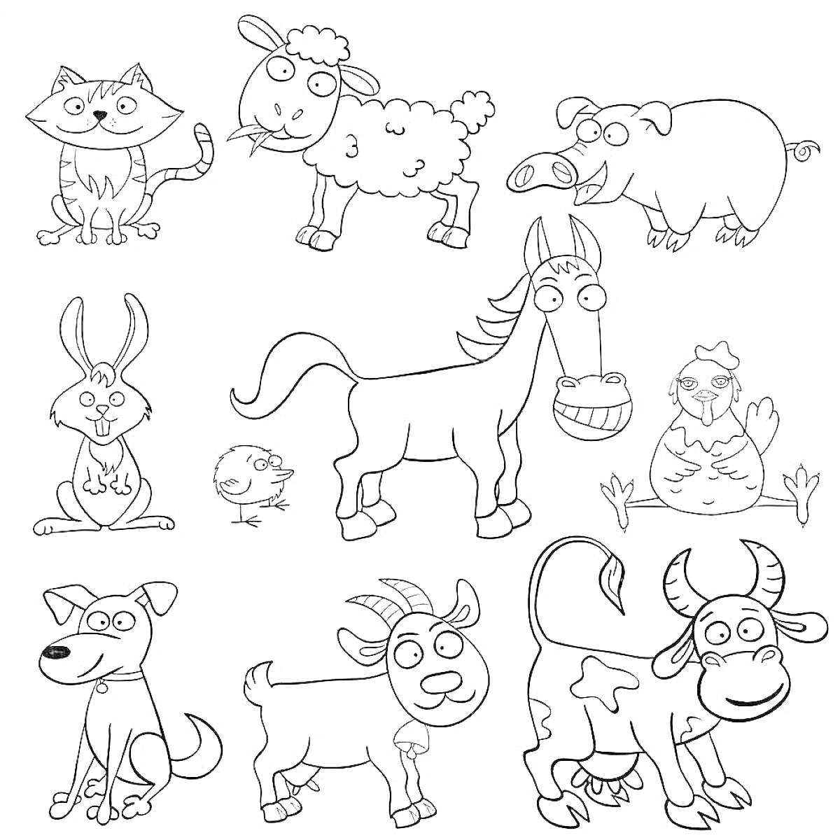 На раскраске изображено: Домашние животные, Кот, Кролик, Лошадь, Собака, Козел, Теленок, Корова