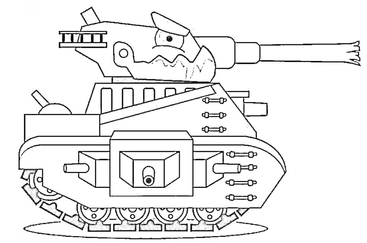 Раскраска Танковая машина с глазами, зубами и элементами брони