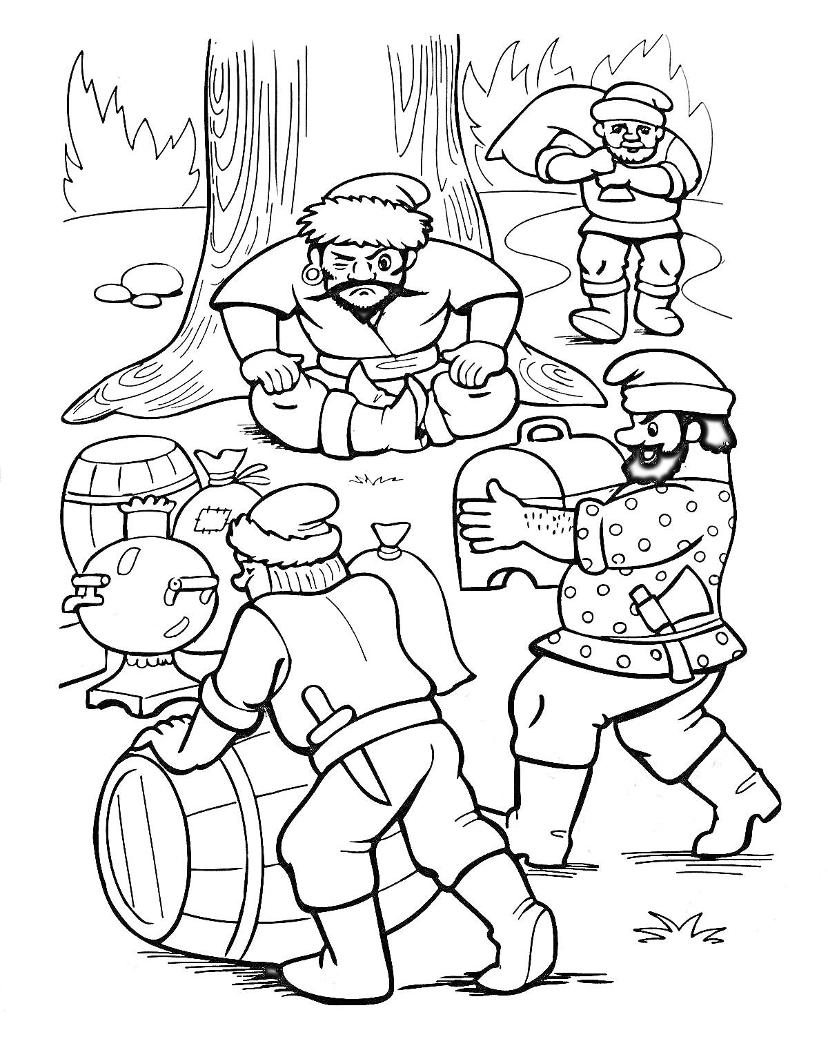 Бандиты в лесу с награбленным: дерево, кусты, бочки, сундук, мешок, мужчины в шапках и куртках