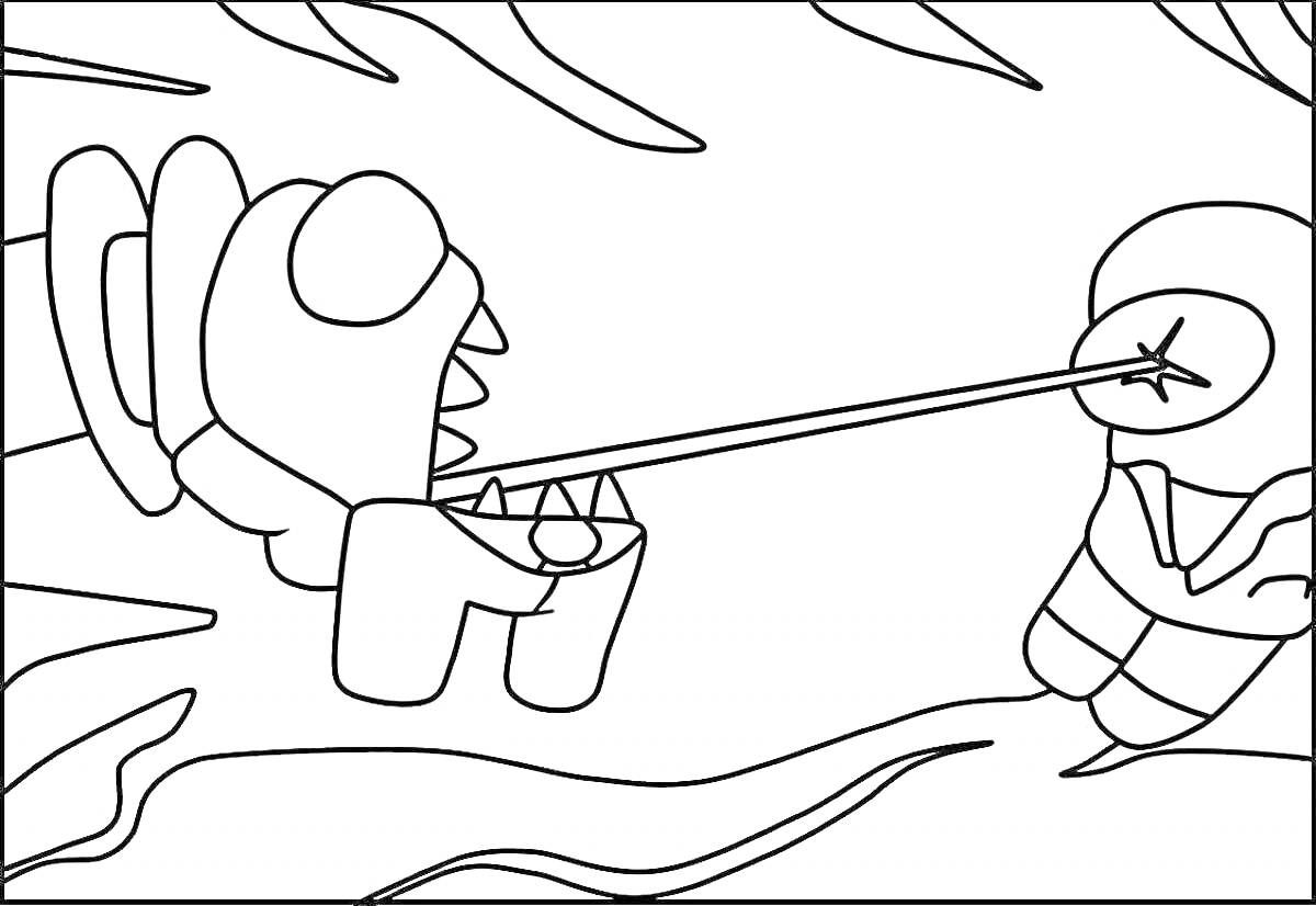 Раскраска Амангос - один персонаж атакует другого длинным мечом на фоне абстрактного окружения