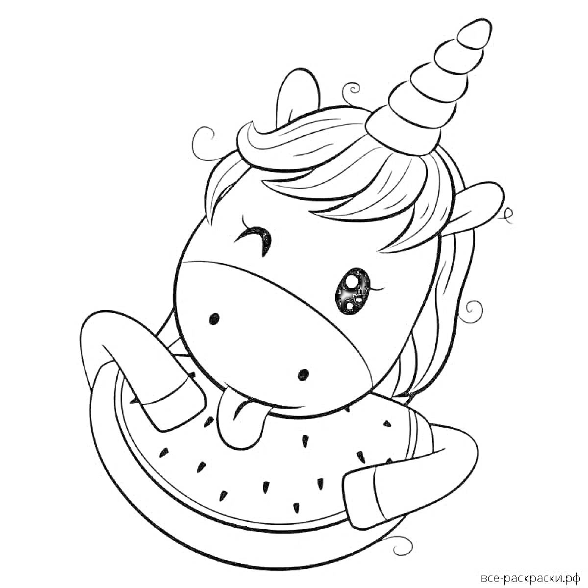 Раскраска Единорог внутри пончика, подмигивающий с высунутым языком