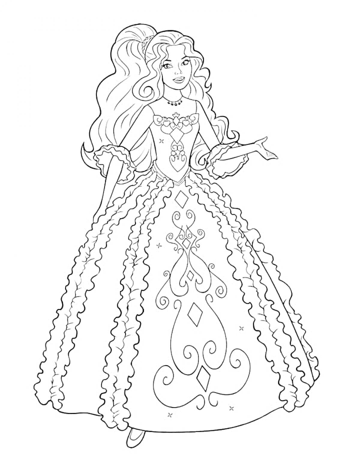 На раскраске изображено: Принцесса, Платье, Узоры, Кудри, Корона, Наряд, Длинные волосы