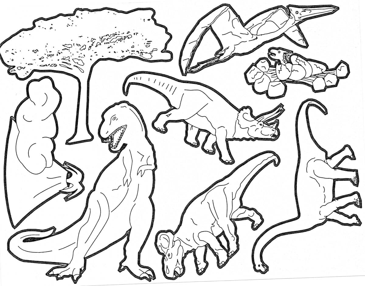 Раскраска Динозавры и деревья в доисторическом лесу (древо, птерозавр, вулкан, тираннозавр, трицератопс, динозавры)