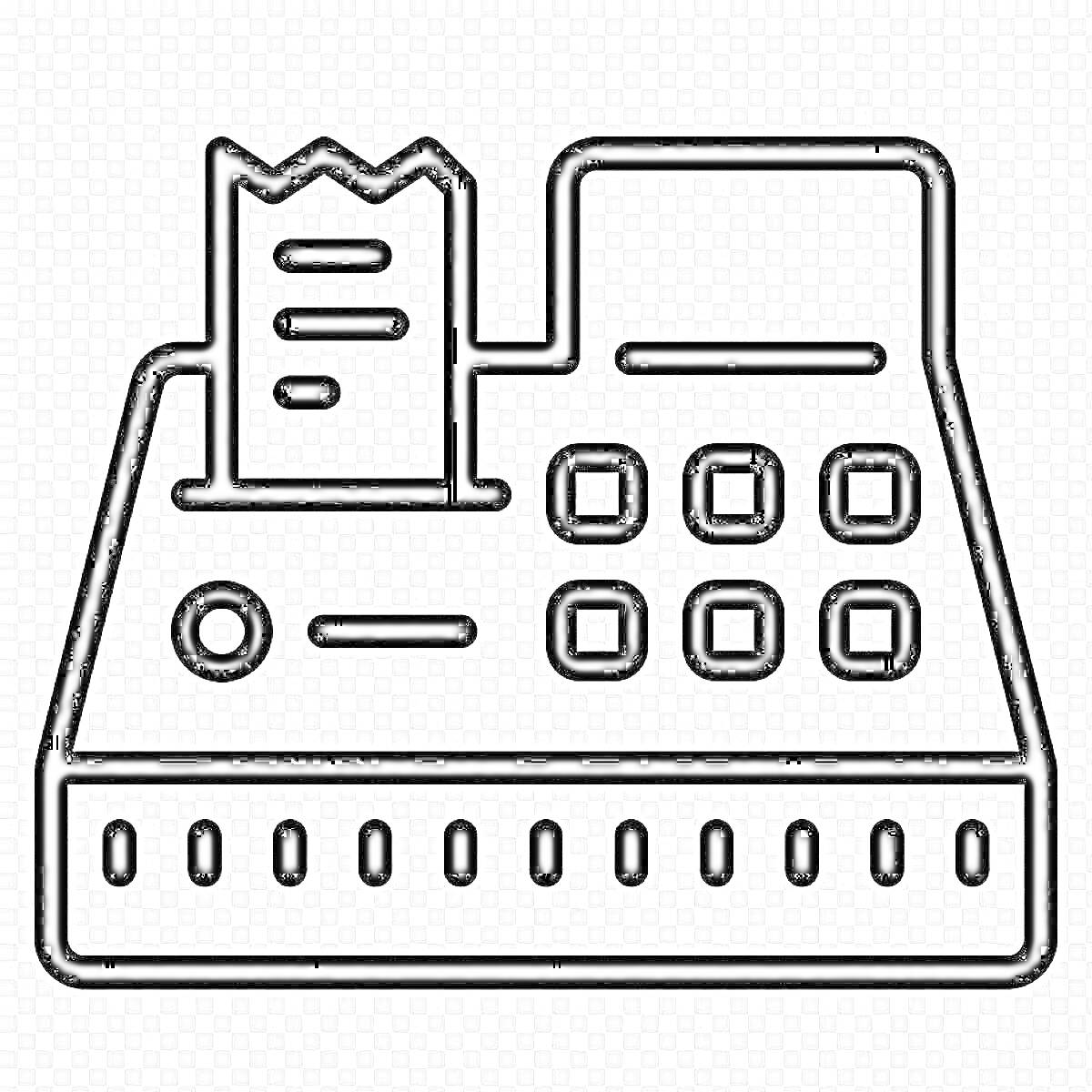 Раскраска Кассовый аппарат с чеком, кнопками и индикаторами