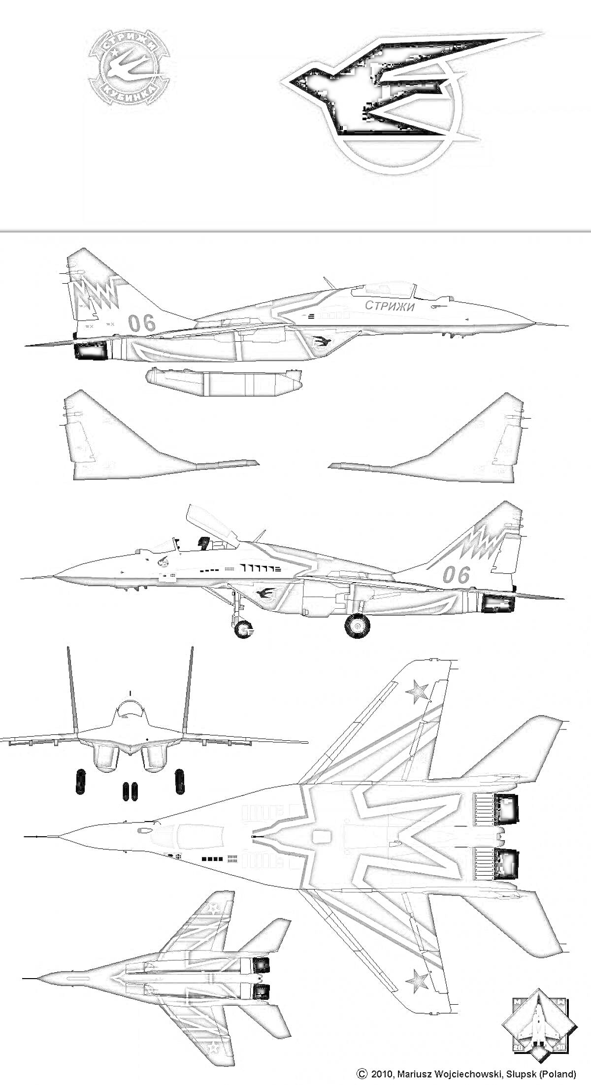 На раскраске изображено: МиГ-29, Авиация, Истребитель, Военный самолет, Звезды, Техника