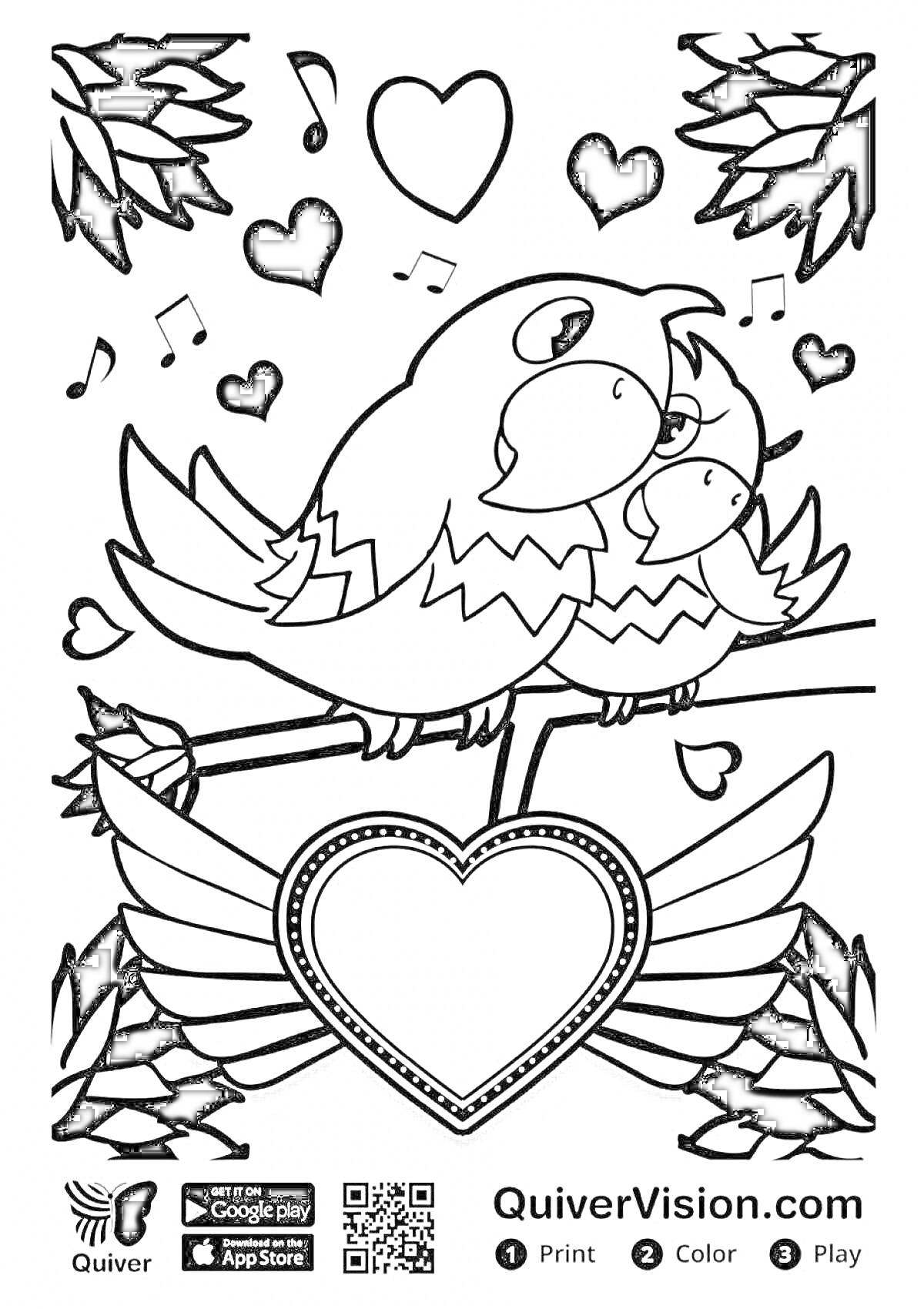 Раскраска Попугаи, сердечки, музыкальные ноты и крылья на ветке.