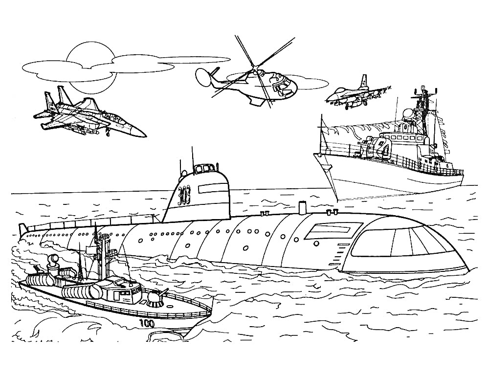 Раскраска Подводная лодка с кораблем, истребителями, вертолетом и катером на фоне неба с облаками и солнцем