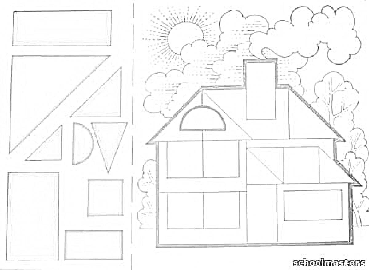 На раскраске изображено: Домик, Геометрические фигуры, Полукруг, Солнце, Облака, Природа