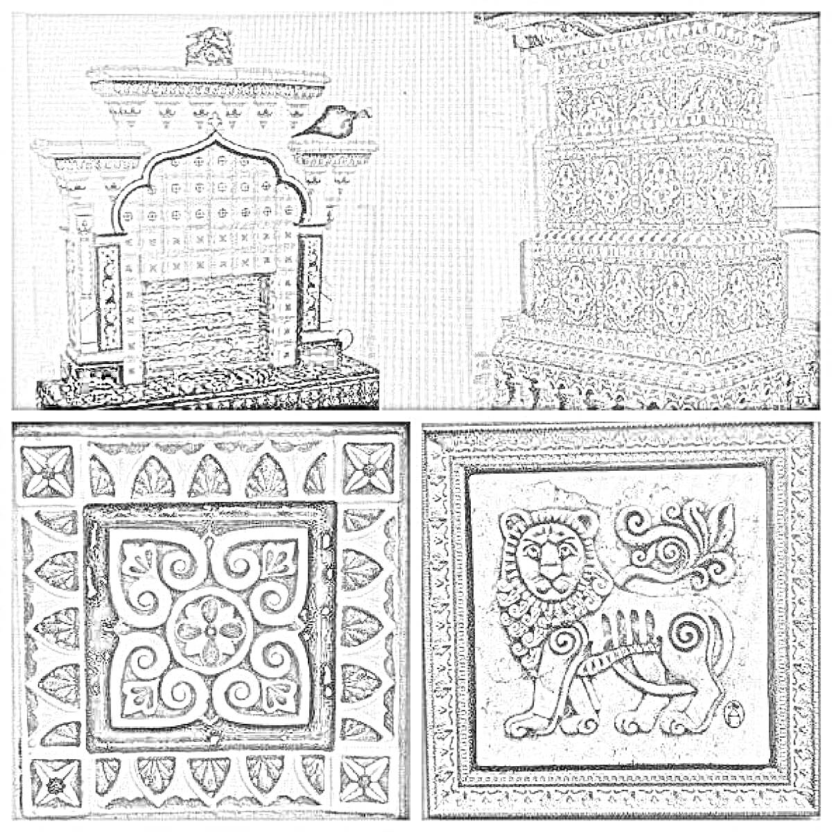 На раскраске изображено: Керамическая плитка, Узоры, Декоративные элементы, Печка