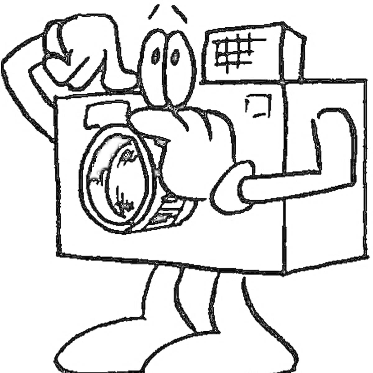 Раскраска Рисунок оживленной фотокамеры с глазами, носом, руками и ногами, изображение предмета в мультяшном стиле