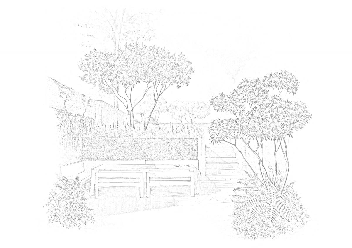 На раскраске изображено: Ландшафт, Дизайн, Деревья, Лестница, Кусты, Растения, Природа