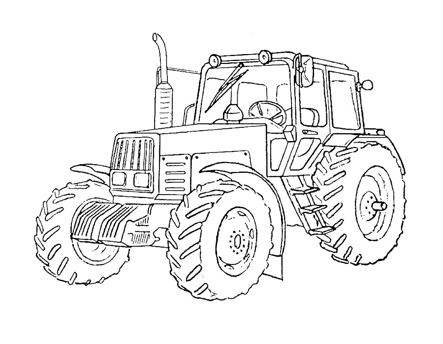 На раскраске изображено: Трактор, Колеса, Сельскохозяйственная техника, Транспорт, Техника, Выхлопные трубы, Кабина водителя