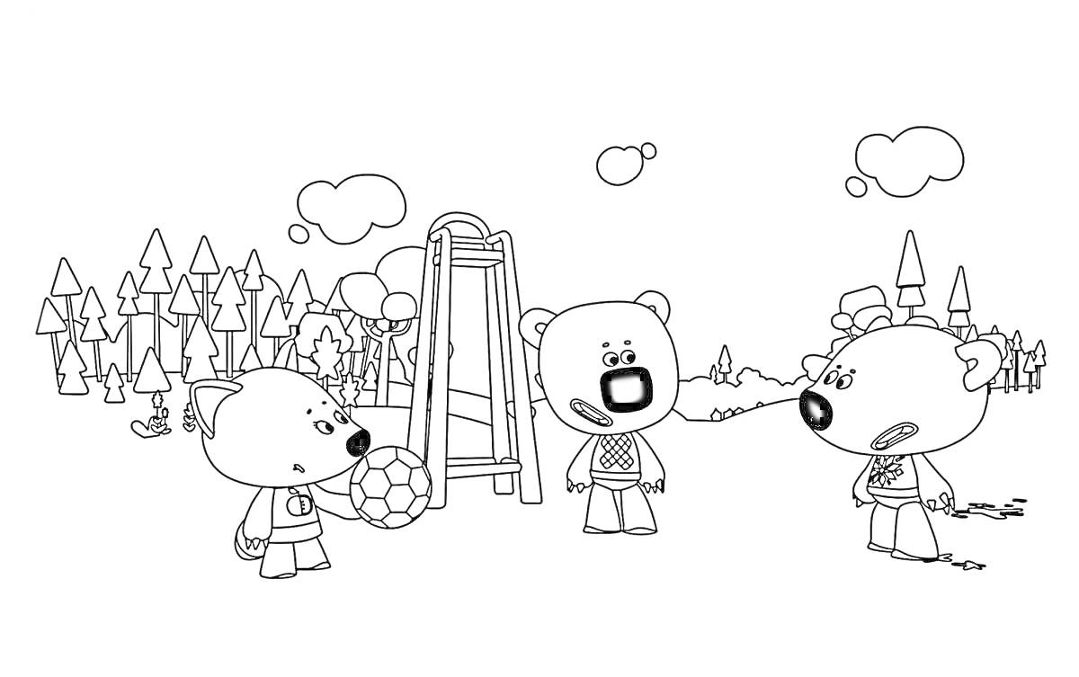 На раскраске изображено: Мимимишки, Качели, Футбольный мяч, Лес, Облака, Для детей, Деревья, Медведь