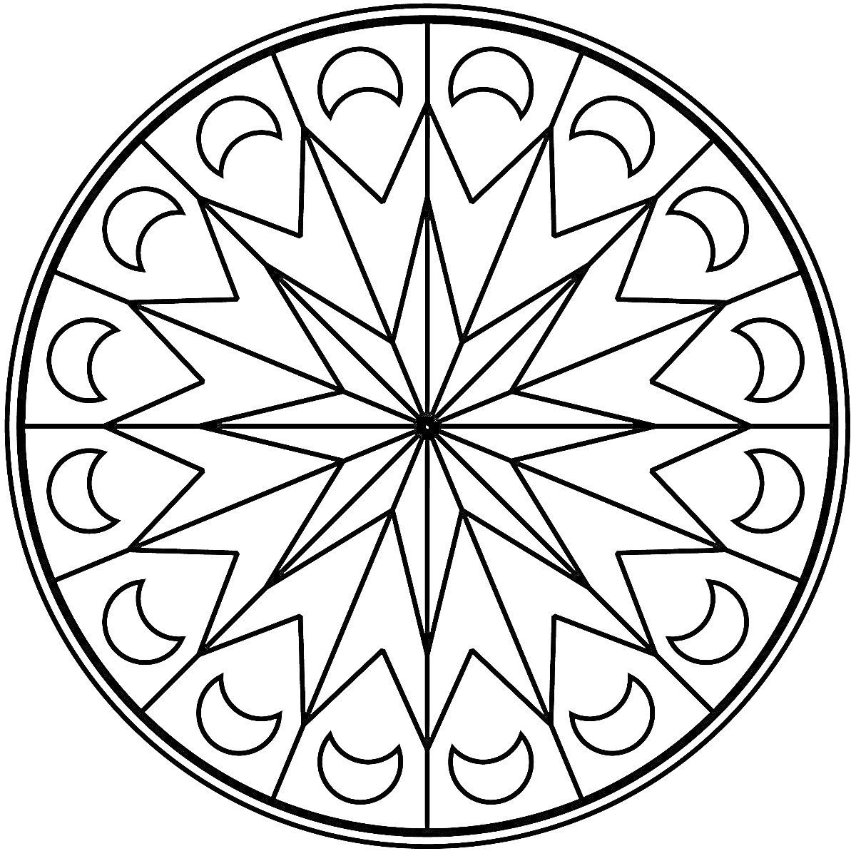 Раскраска Мандала с центральной звездой, окруженная лунообразными элементами и треугольниками.