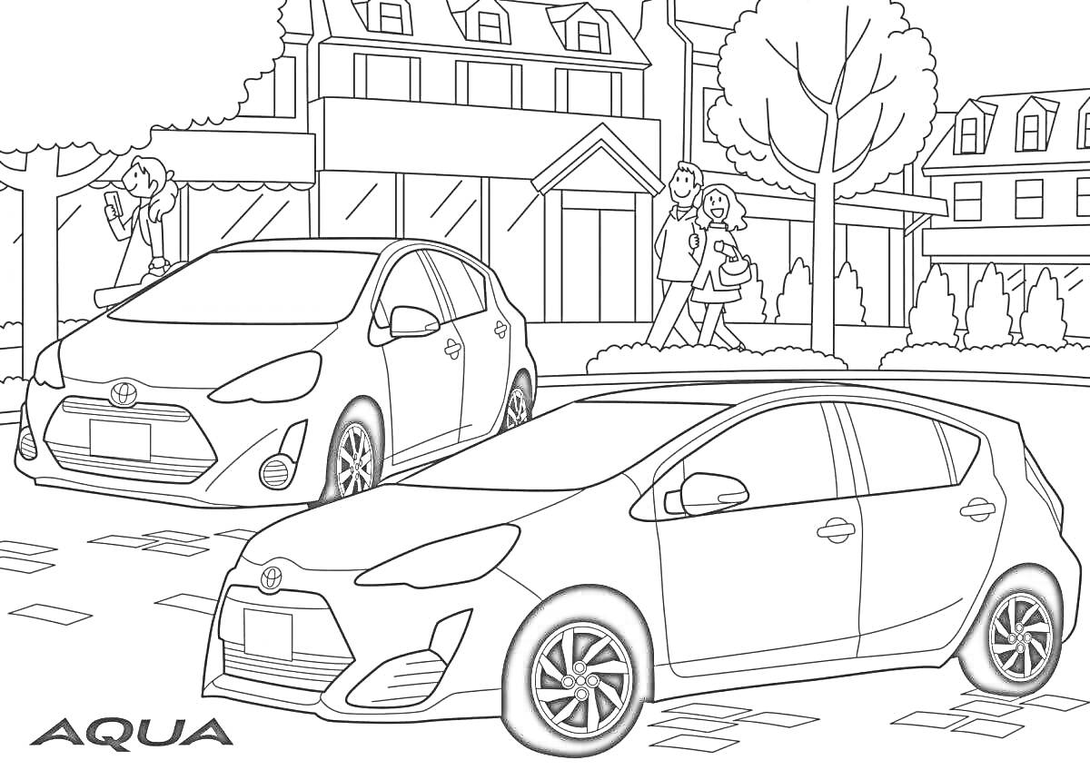 Раскраска Два автомобиля на улице перед домом, за ними люди и деревья
