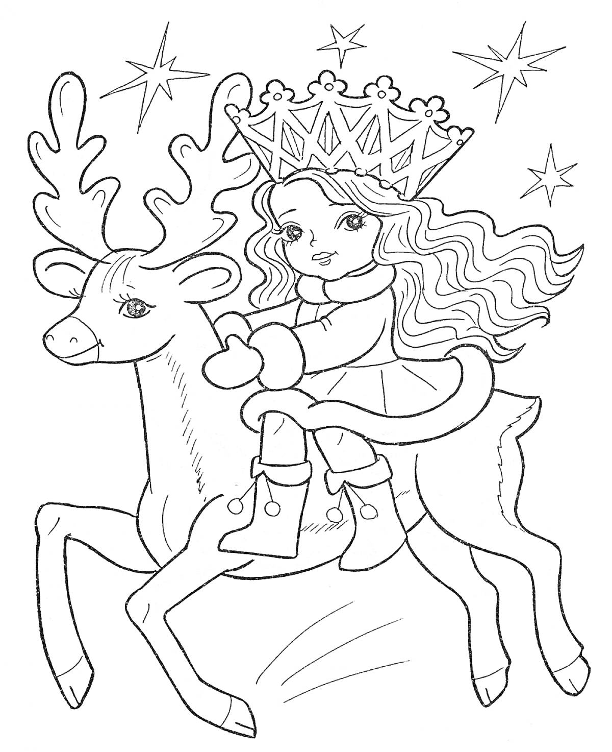Раскраска Девочка на олене с короной и звёздами