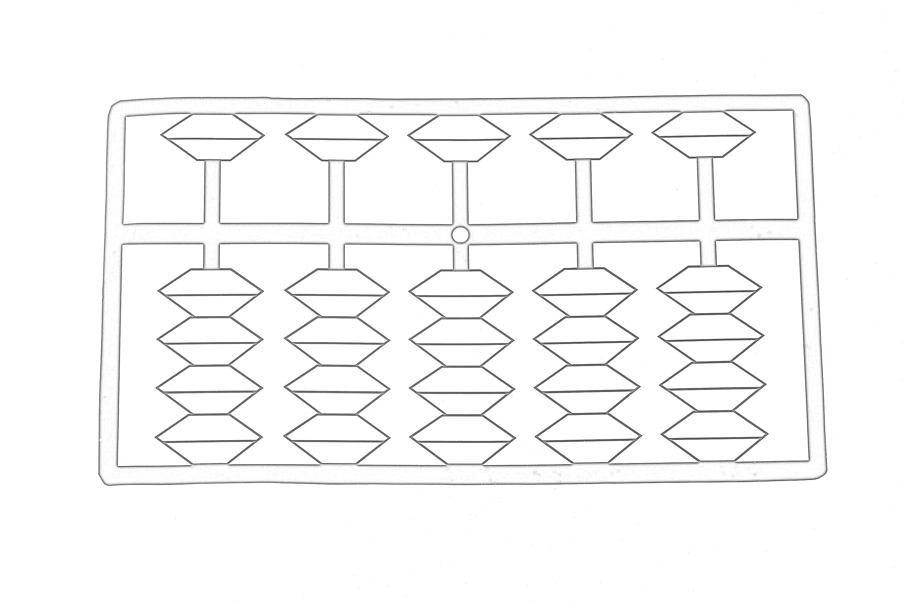 Схема абакуса с 5 вертикальными колонками и 10 ромбами в каждой колонке для ментальной арифметики