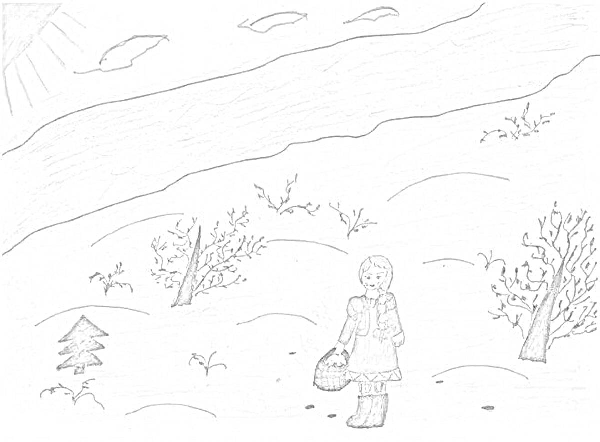 Девочка с корзиной еловых шишек на заснеженном поле с деревьями, кустами и солнцем в небе