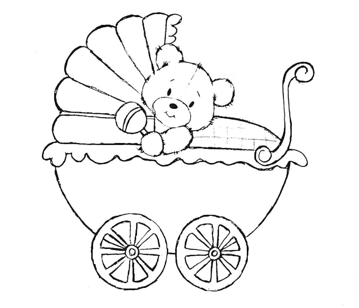 Раскраска Медвежонок в коляске с игрушечным шариком