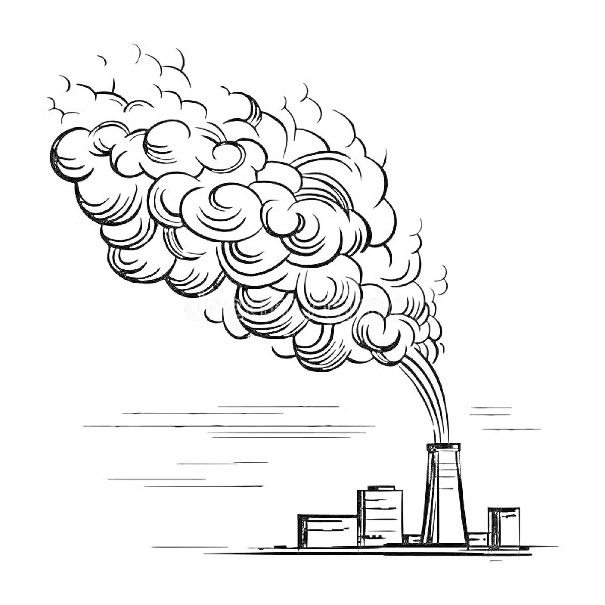 На раскраске изображено: Завод, Дым, Промышленность, Окружающая среда, Труба