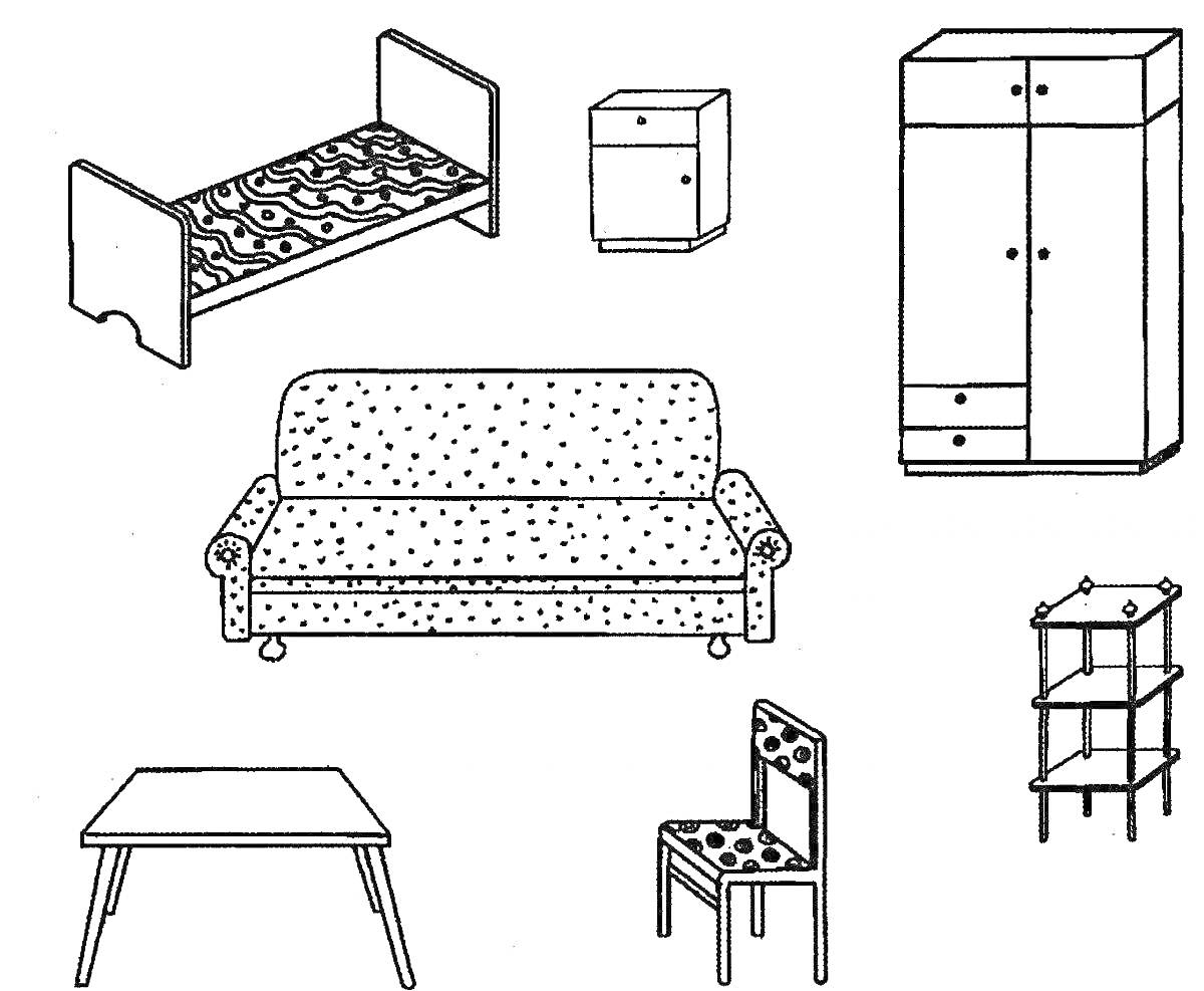 На раскраске изображено: Шкаф, Диван, Журнальный столик, Стул, Мебель, Средняя группа, Интерьер