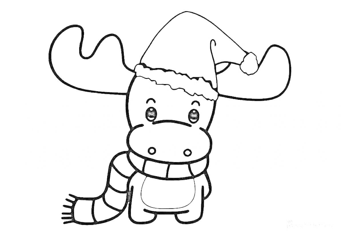 Раскраска новогодний олень в колпаке и шарфе